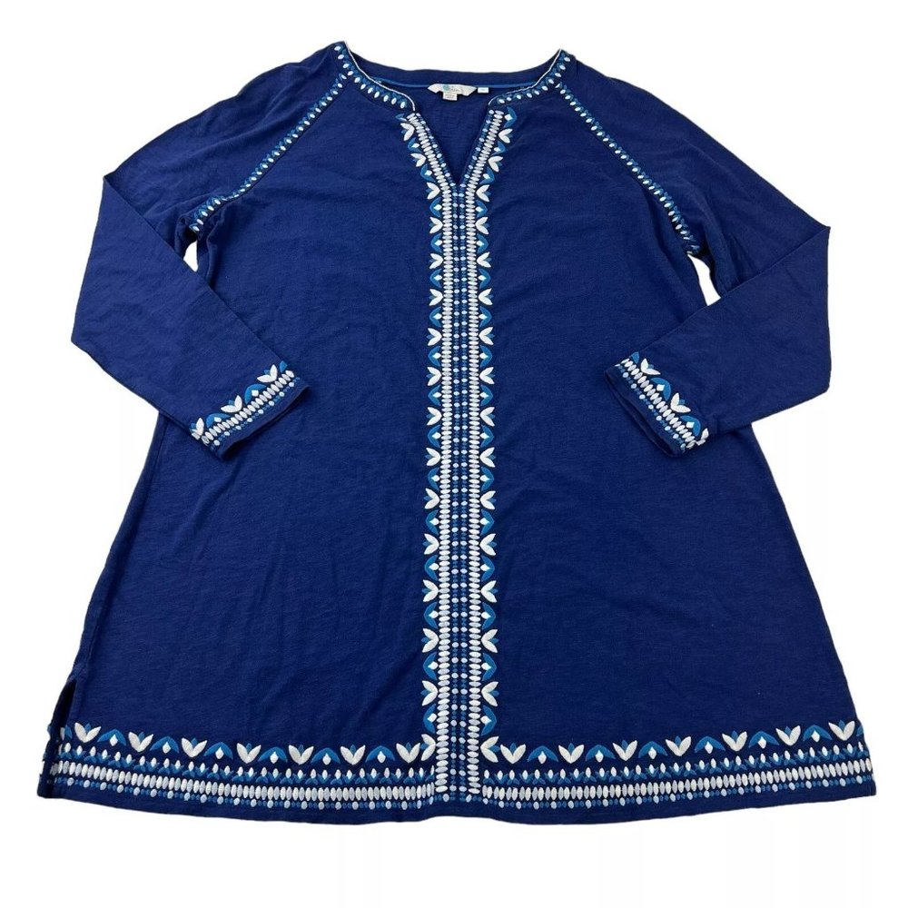 Boden A-Line Dress Women’s XL Navy Blue Embroidered Trim Henley Long Sleeve
